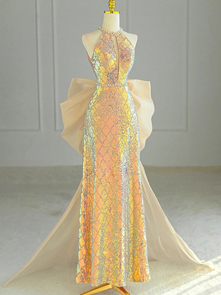 gold iridescent dress Iridescent Fitted Sequin Gown By Ladivine CD258 - Women Evening Formal Gown