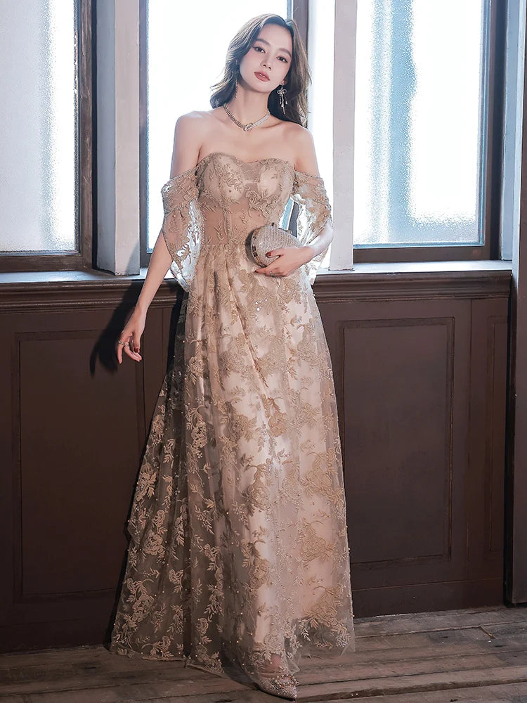 Strapless Lace Gown With Floral Pattern