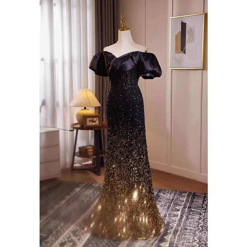 Off-shoulder Sequin Black-gold Evening Gown on Luulla