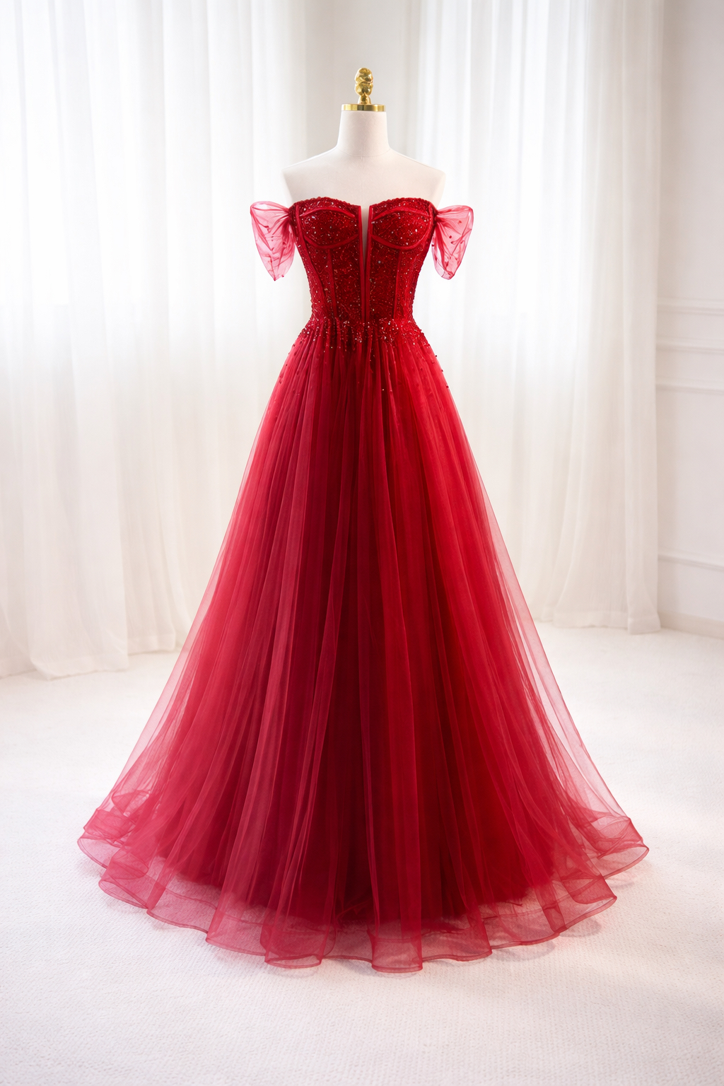 Red Off Shoulder Beaded Corset Tulle A Line Evening Gown on Luulla
