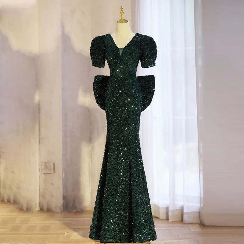Sequin Green Gown With Puff Sleeves