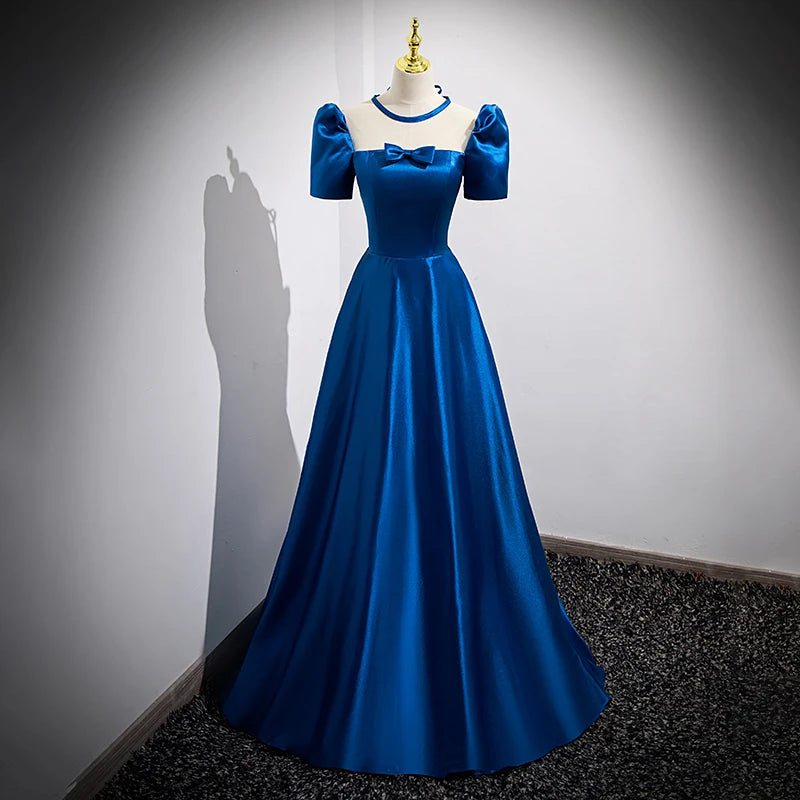 Royal Blue Satin Gown With Puff Sleeves