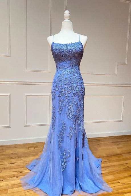 Blue Mermaid Style, Lace Applique Diamond, U-neck Double Shoulder Strap, Backless Lace Up Party Long Dress Dress