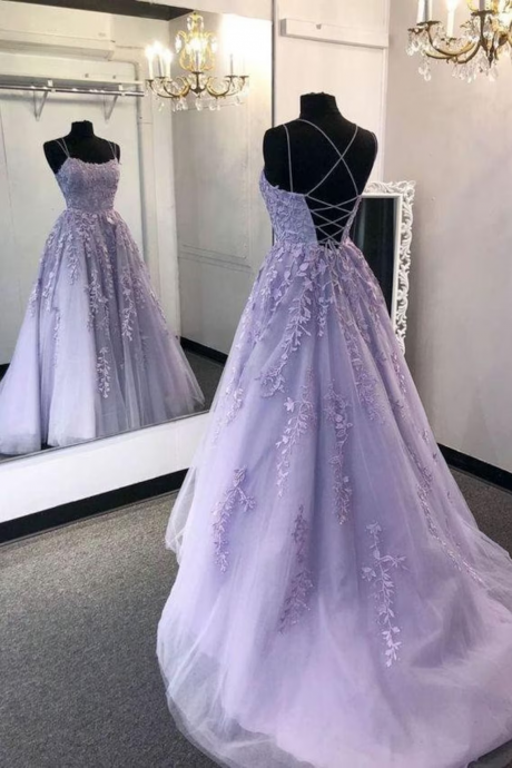 Classic Purple U-shaped Neckline With Lace Applique And Diamond Embellishments At The Back Lace Up, Open Back And Floor Length Dress, Party Ball