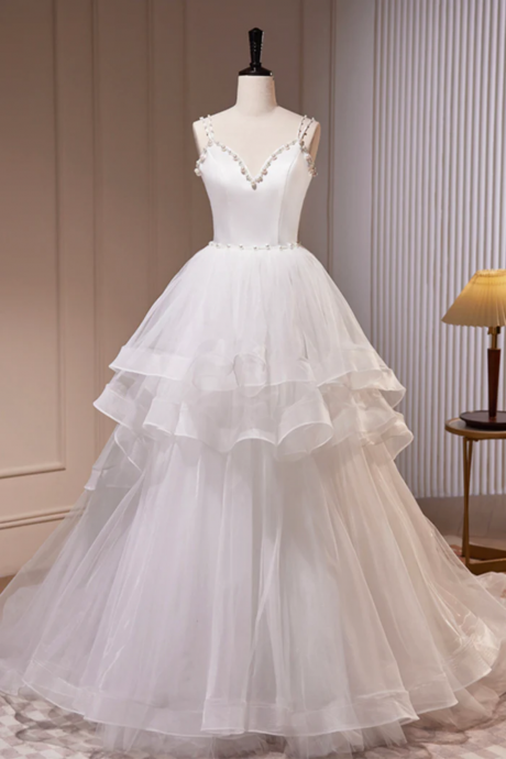 White V-neck Tulle Long Prom Dress, A-line Party Evening Dress With Hem
