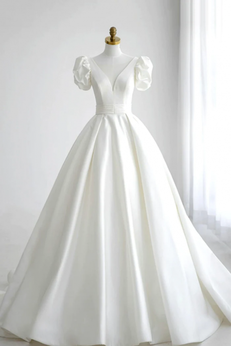 White V-neck Satin Ball Dress, A-line Short Bubble Sleeve Formal Ball Party Dress
