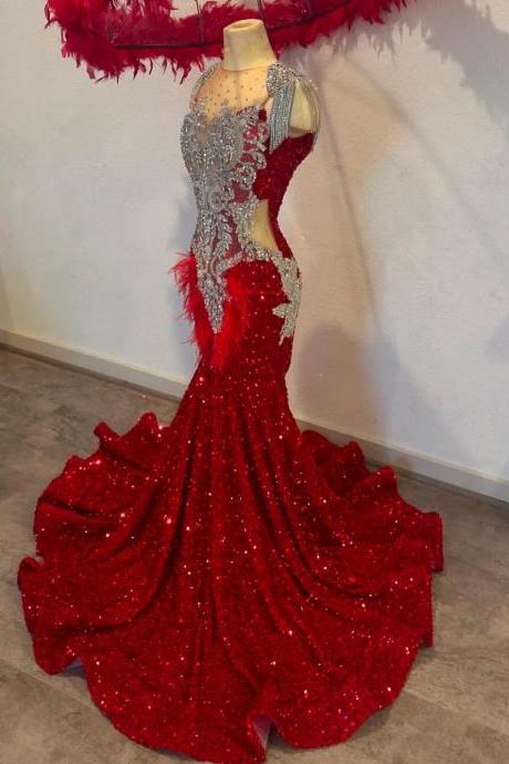 Luxury Red Sequin Mermaid Evening Gown With Feathers