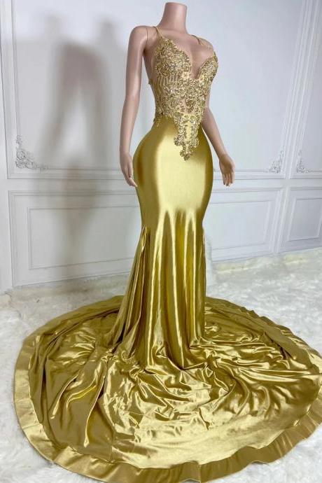 Elegant Gold Mermaid Gown With Embroidered Bodice