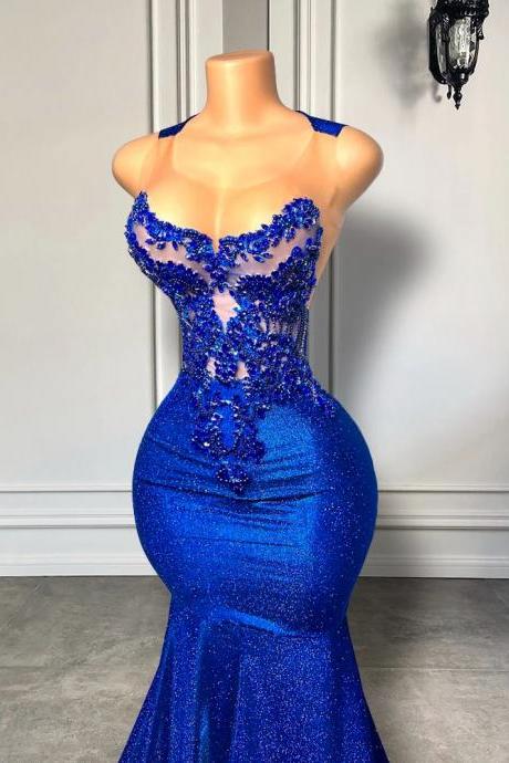 Elegant Royal Blue Sequined Mermaid Evening Gown