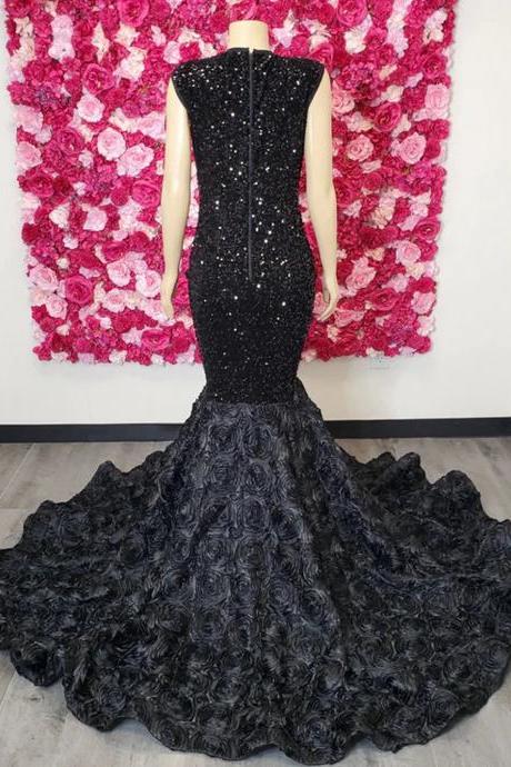 Elegant Black Sequined Gown With Voluminous Rosette Train