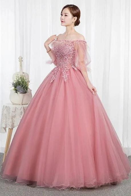 Elegant Off-shoulder Pink Tulle Evening Ballgown With Appliques