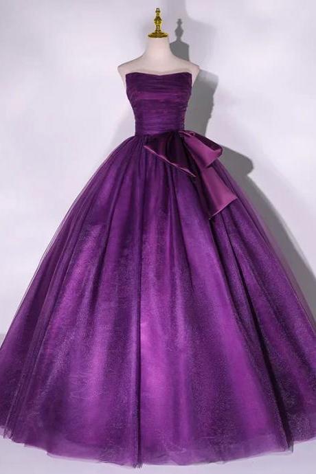 Elegant Strapless Purple Satin Ball Gown With Bow