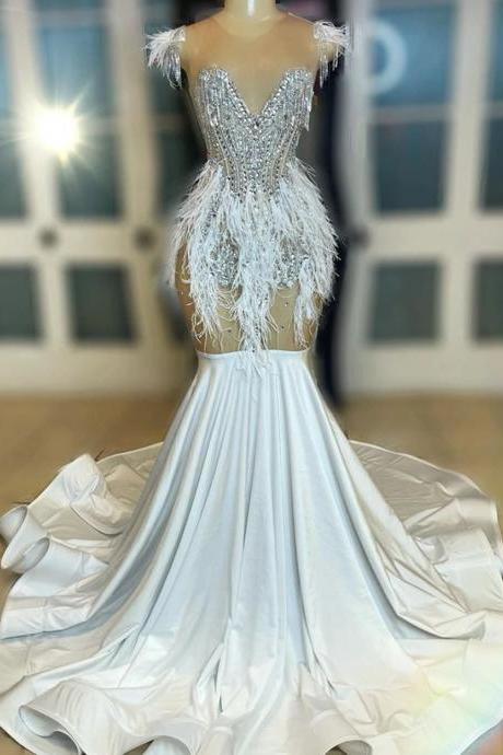 Elegant Feather Sequin Bodice Satin Prom Gown