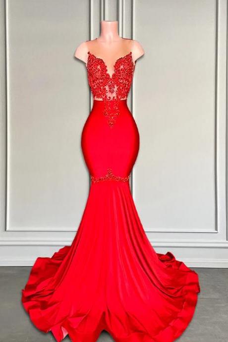Elegant Red Lace Applique Mermaid Evening Gown