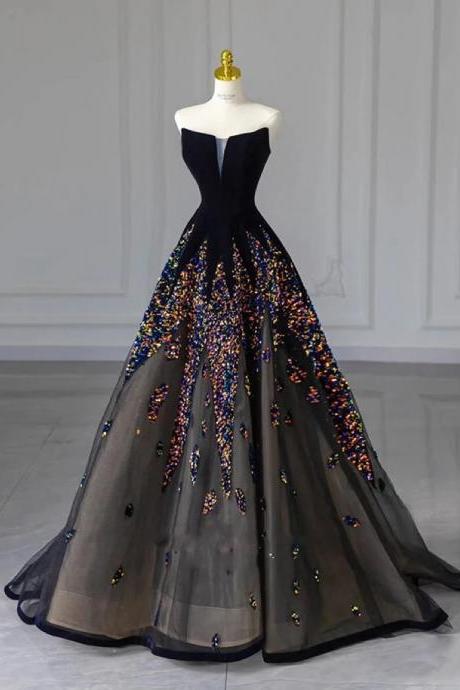 Elegant Strapless A-line Gown With Colorful Sequin Embellishments