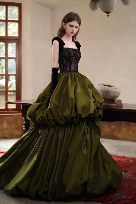 Elegant Olive Green Ball Gown With Black Lace Bodice