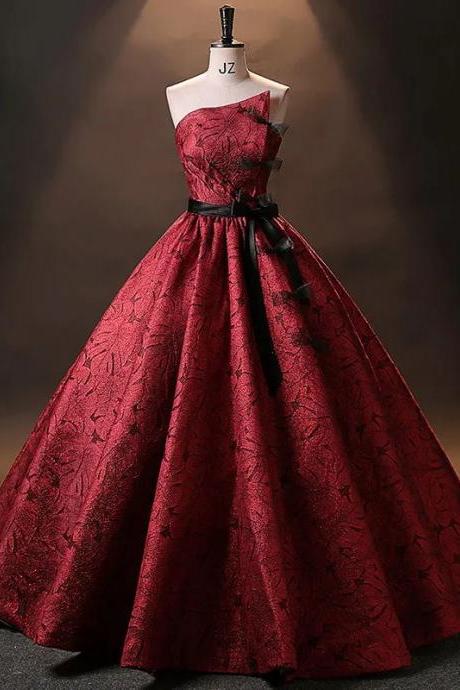 Elegant One-shoulder Red Lace Ball Gown With Bow