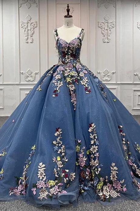 Luxury Embroidered Blue Ball Gown With Floral Appliques