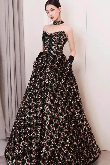 Elegant Strapless Floral Sequin Black Ball Gown Dress