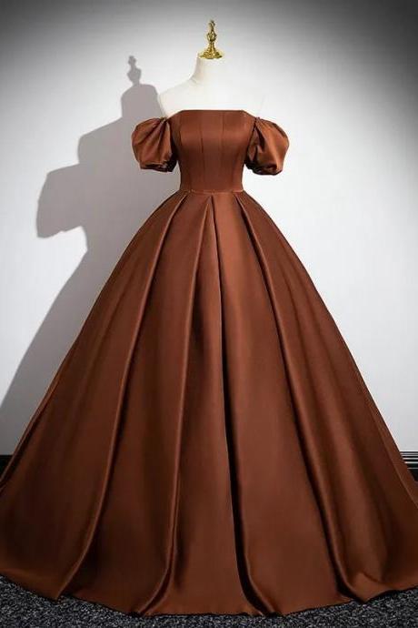 Elegant Off-shoulder Chocolate Satin Ball Gown Dress