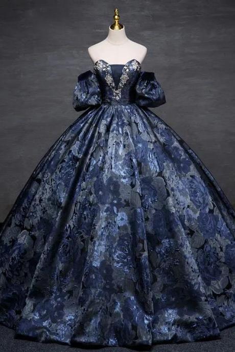 Elegant Off-shoulder Floral Ball Gown With Puffed Sleeves