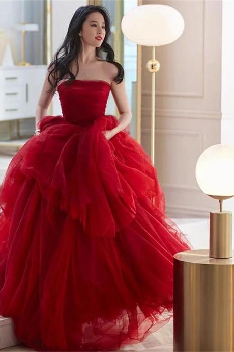 Elegant Strapless Red Tulle Ball Gown Evening Dress