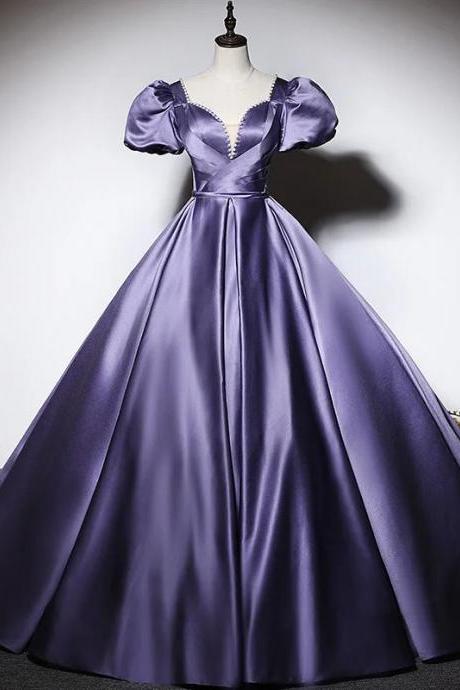 Elegant Satin Purple Ball Gown With Puff Sleeves