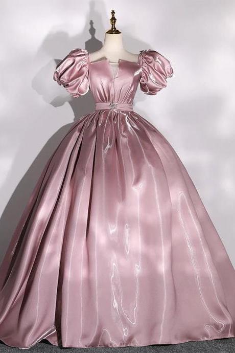 Elegant Satin Ball Gown With Puffed Sleeves And Train
