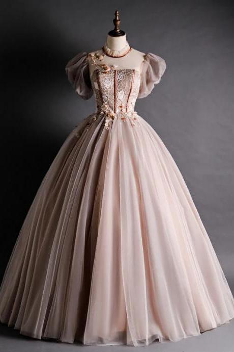Elegant Puffed Sleeve Tulle Ball Gown With Floral Appliques