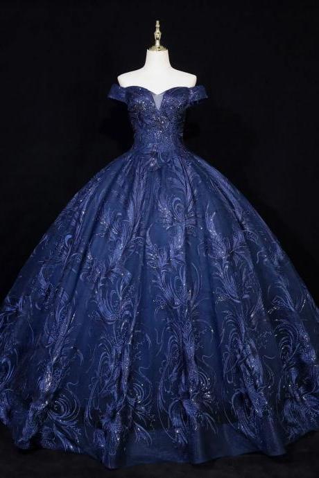 Elegant Off-shoulder Navy Blue Embroidered Ball Gown