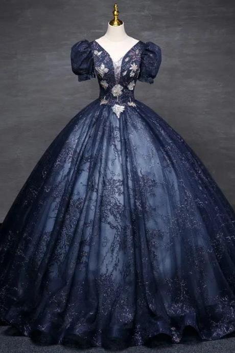 Elegant Navy Blue Sequined Ball Gown With Sleeves