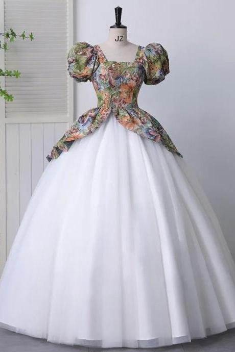 Elegant Floral Bodice Puff Sleeve Ball Gown Dress