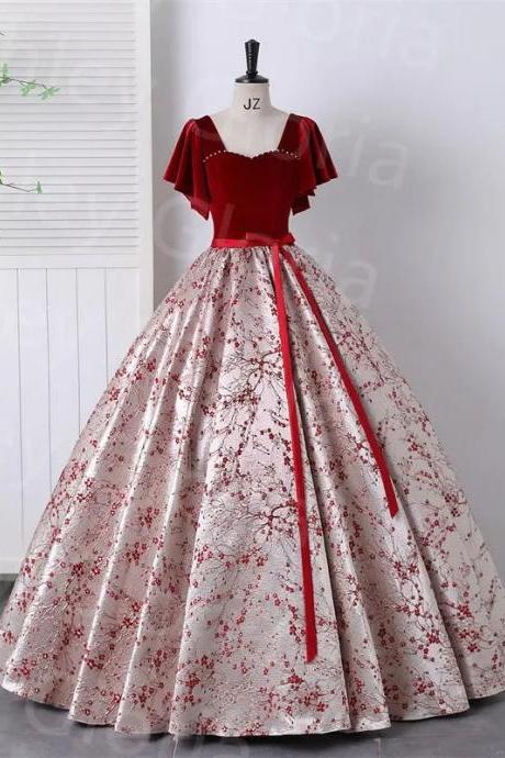 Elegant Red Velvet Bodice Floral Ball Gown Dress