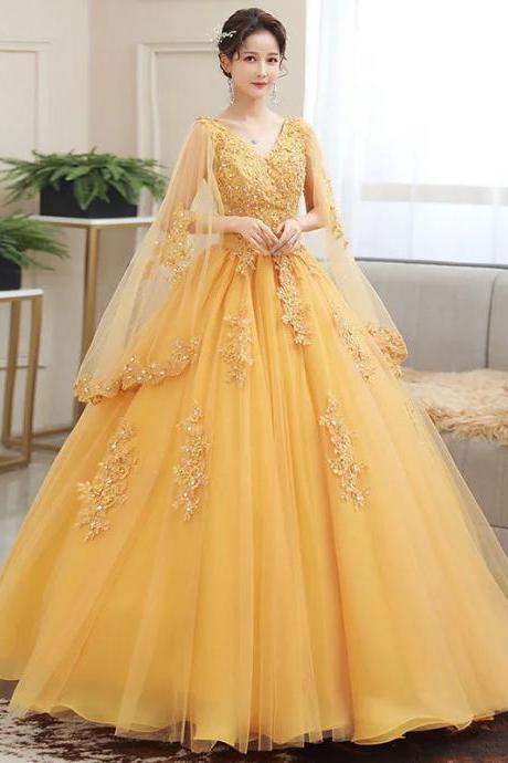 Elegant Embroidered V-neck Golden Evening Ball Gown