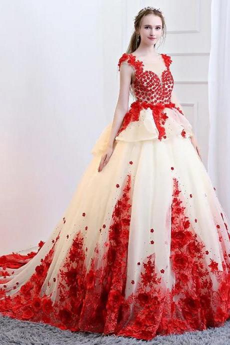 Elegant Red Floral Applique Bridal Gown With Train