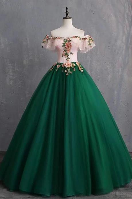 Elegant Off-shoulder Floral Appliqué Ball Gown Dress