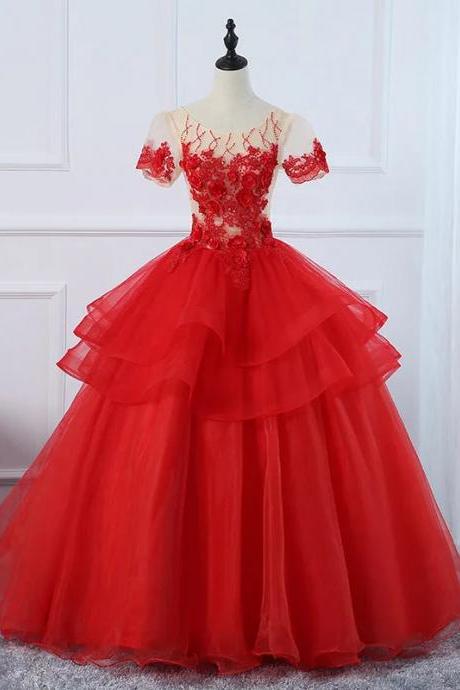 Elegant Red Lace Applique Tulle Ball Gown Evening Dress