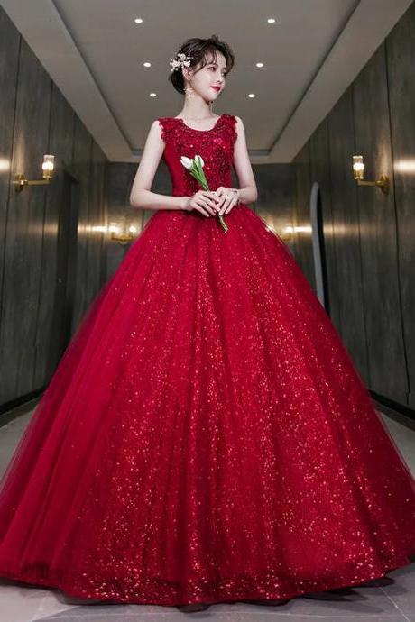 Elegant Red Sequined Evening Ball Gown With Sleeves