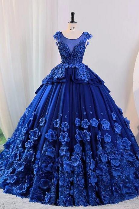 Luxury Royal Blue Floral Applique Ball Gown Dress