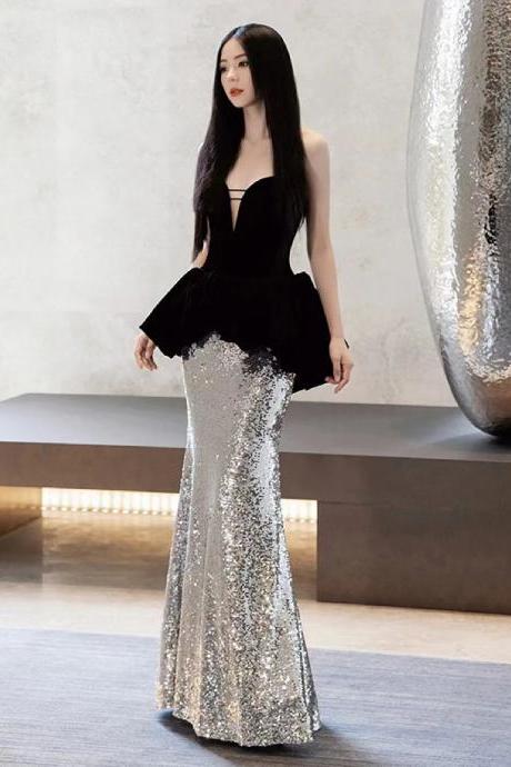 Elegant Black Velvet And Sequin Mermaid Evening Gown