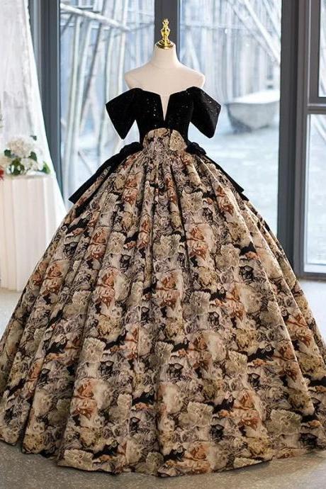 Luxurious Velvet Bodice Floral Print Ball Gown Dress