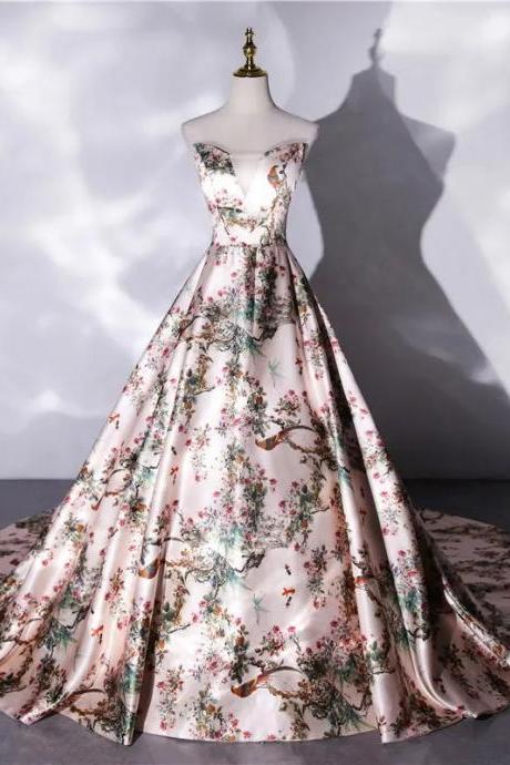 Elegant Floral Print Satin Ball Gown With Train