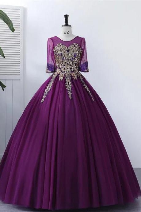 Elegant Purple Ball Gown With Gold Embroidery Applique