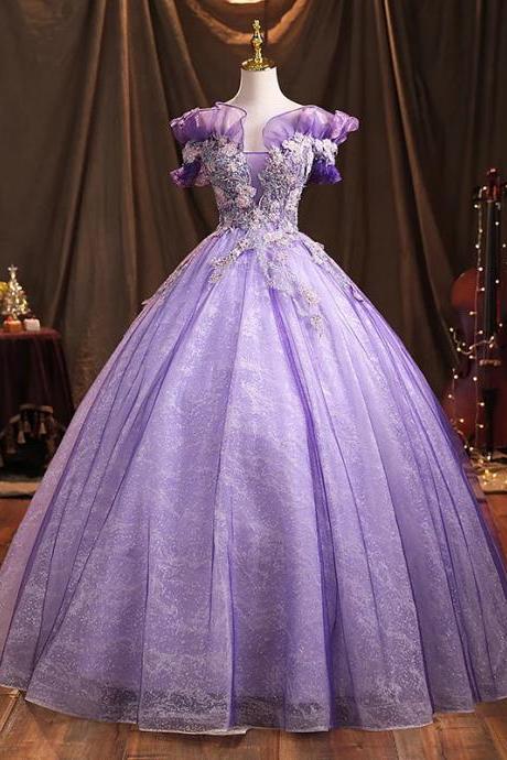 Luxurious Purple Ball Gown With Embroidered Lace Bodice