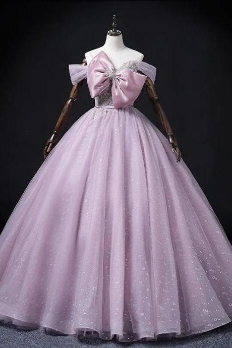 Elegant Off-shoulder Pink Tulle Ball Gown With Bow