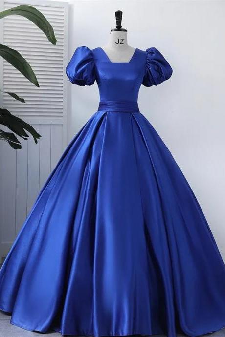 Elegant Royal Blue Satin Ball Gown With Puff Sleeves