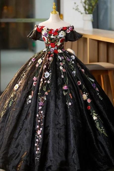Elegant Floral Embroidered Black Velvet Ball Gown Dress