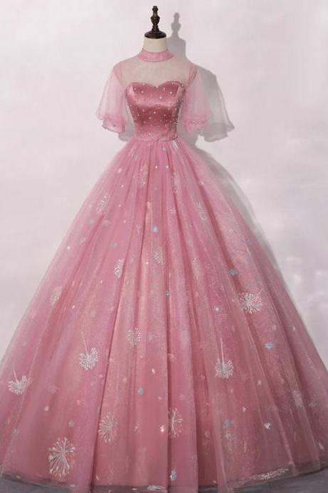 Elegant Pink Beaded Ball Gown With Sheer Sleeves