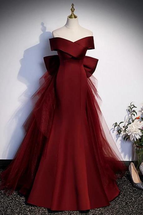 Elegant Off-shoulder Wine Red Tulle Evening Gown