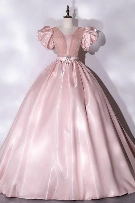 Elegant Pink Satin Puff Sleeve Ball Gown Dress